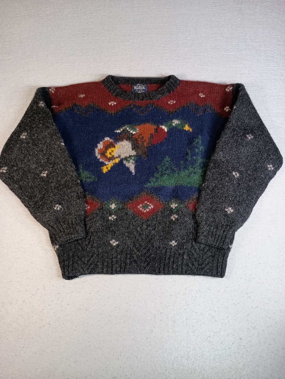 VTG 80's Woolrich Mallard Duck Men's Wool Sweater Outdoor Crew Neck No Size Tag